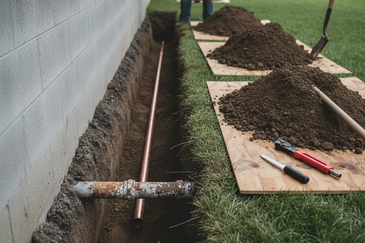 Excavated water line trench during Water Softener Installation in Malakoff